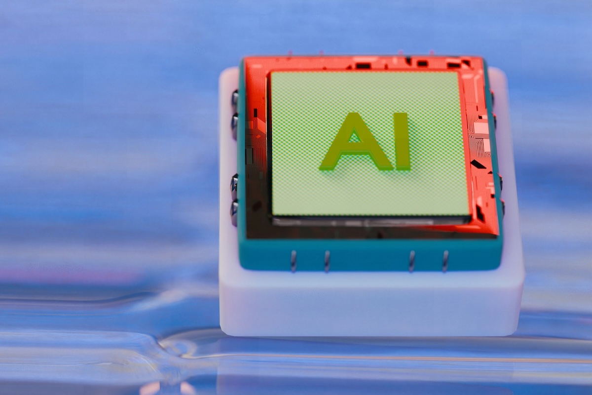 Futuristic microchip labeled AI